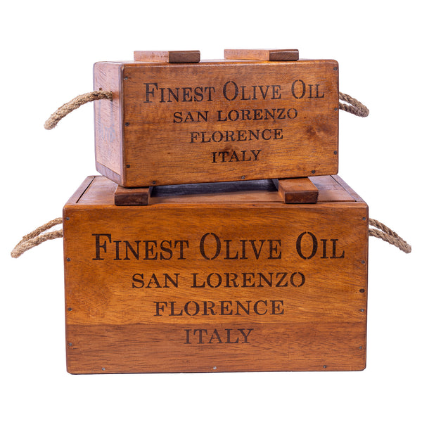 Set of 2 Nesting Rustic Vintage Wooden Lidded Chest Boxes - Olive Oil