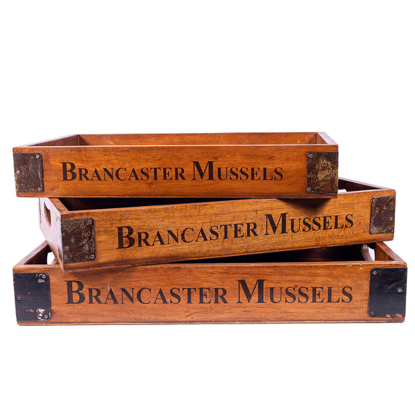 Set of 3 Vintage Nesting Wooden Serving Trays - Brancaster Mussels