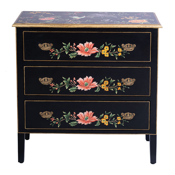 Black Lyre Bird Design 3 Drawer Chest