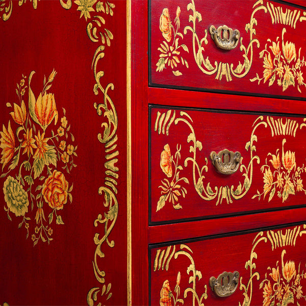Red Floral Design 3 Drawer Chest