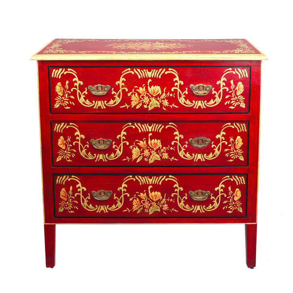 Red Floral Design 3 Drawer Chest