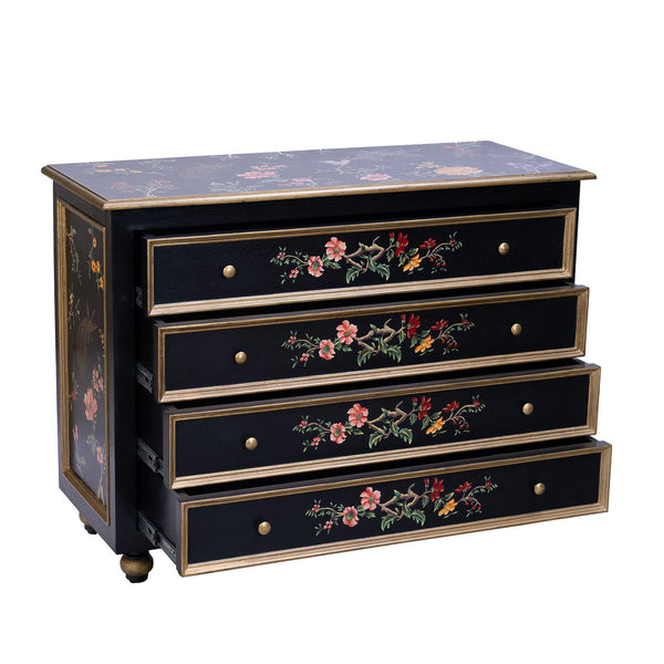 Black Lyre Bird Design 4 Drawer Chest
