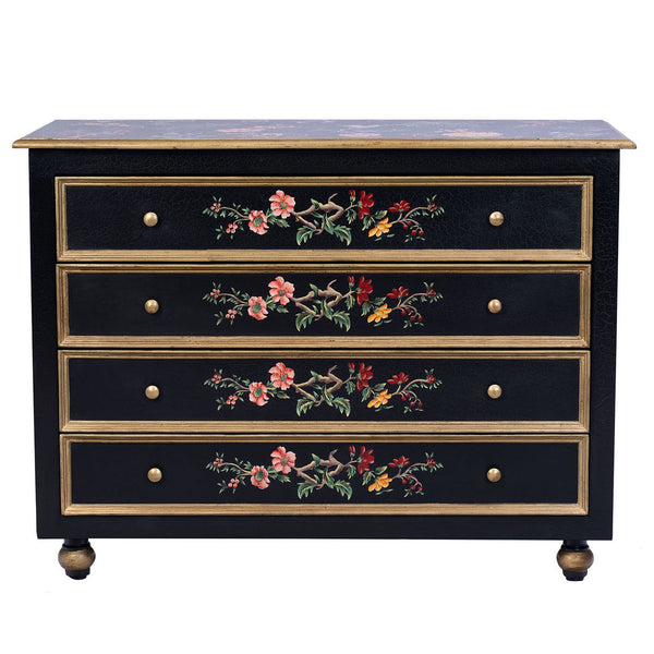 Black Lyre Bird Design 4 Drawer Chest