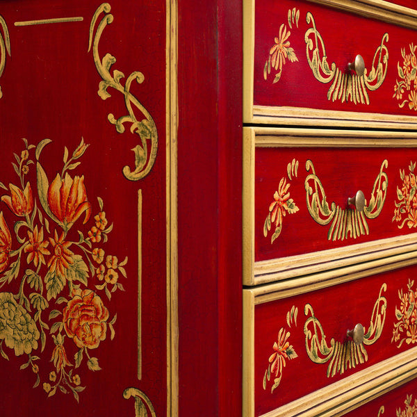 Red Floral Design 4 Drawer Chest