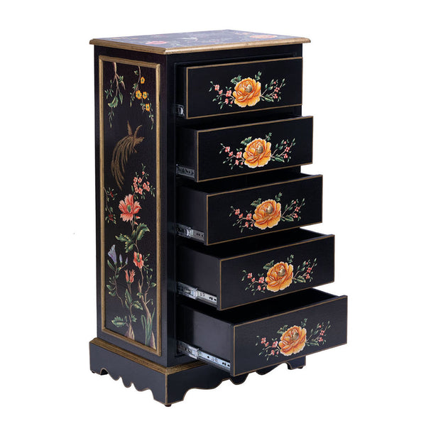 Black Lyre Bird Design 5 Drawer Cabinet