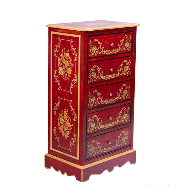 Red Floral Design 5 Drawer Cabinet