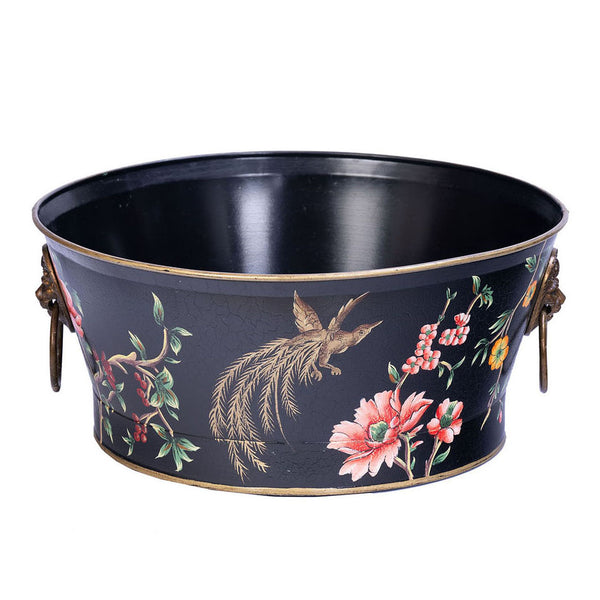 Black Lyre Bird Design Round Bowl with Handles