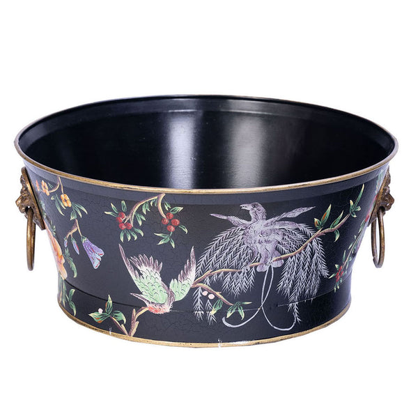 Black Lyre Bird Design Round Bowl with Handles