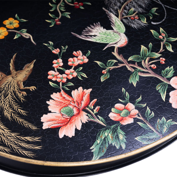 Black Lyre Bird Design Oval Tray with Handles