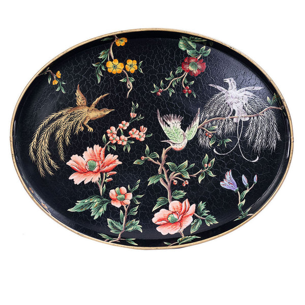 Black Lyre Bird Design Oval Tray with Handles