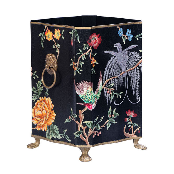 Black Lyre Bird Design Bin with Handles and Feet