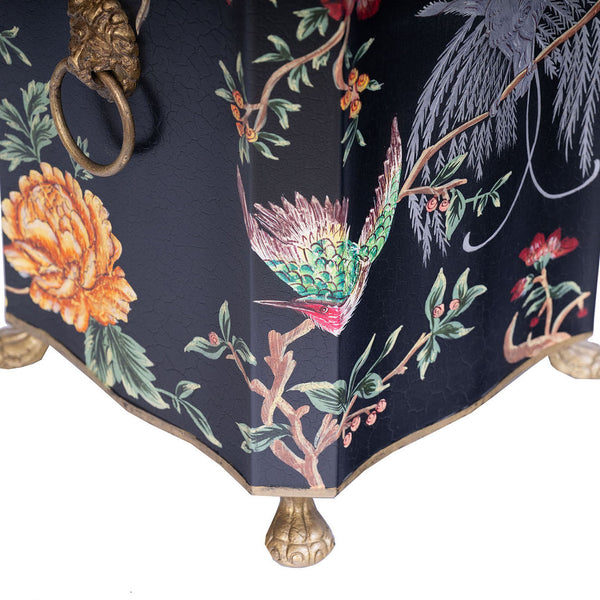 Black Lyre Bird Design Bin with Handles and Feet