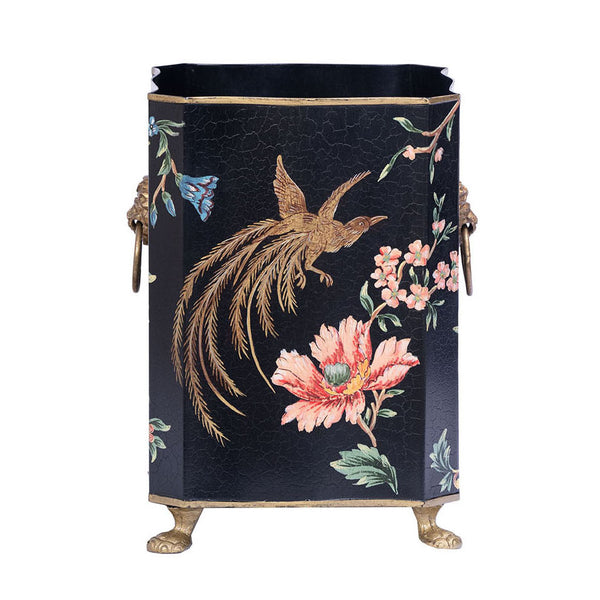 Black Lyre Bird Design Bin with Handles and Feet