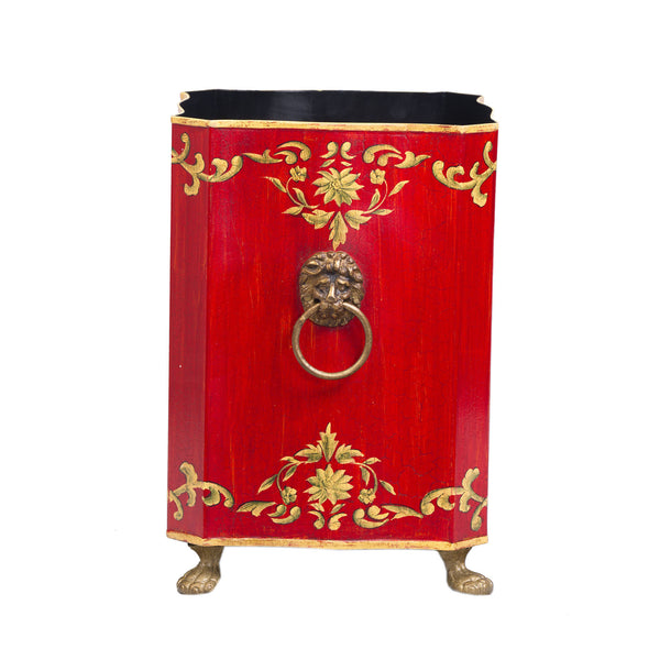 Red Floral Design Bin with Handles and Feet