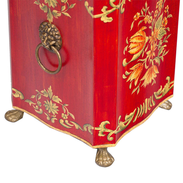 Red Floral Design Bin with Handles and Feet
