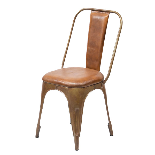 Industrial Metal Chair with Padded Brown Leather Seat