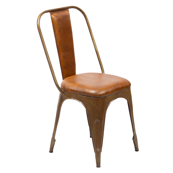 Industrial Metal Chair with Padded Brown Leather Seat