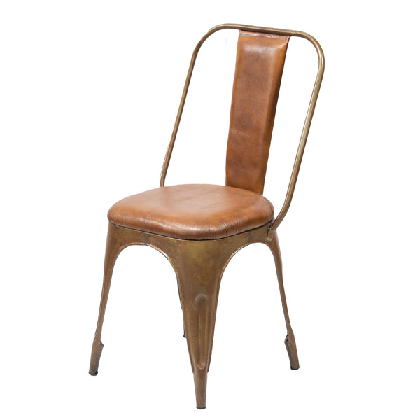 Industrial Metal Chair with Padded Brown Leather Seat