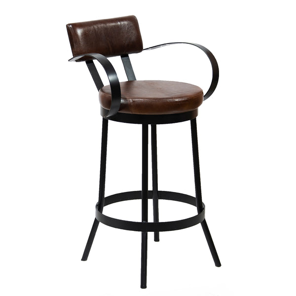 Industrial Padded Leather Bar Stool With Back & Curved Armrests