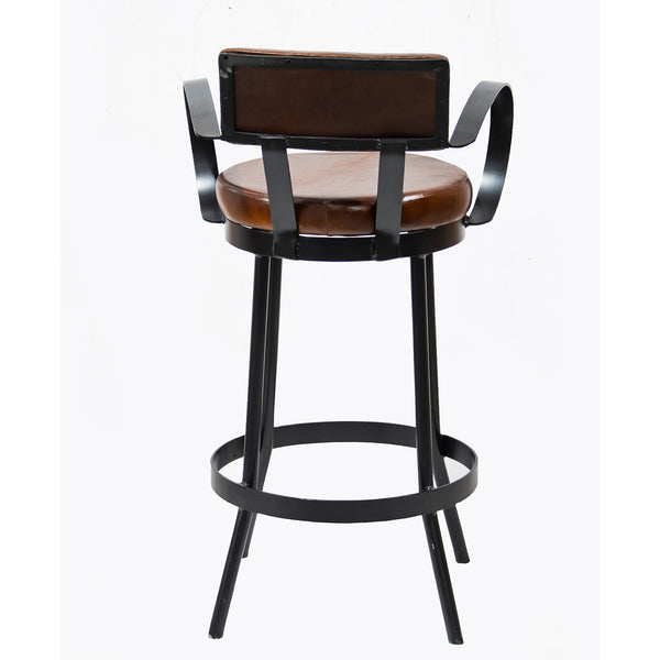 Industrial Padded Leather Bar Stool With Back & Curved Armrests