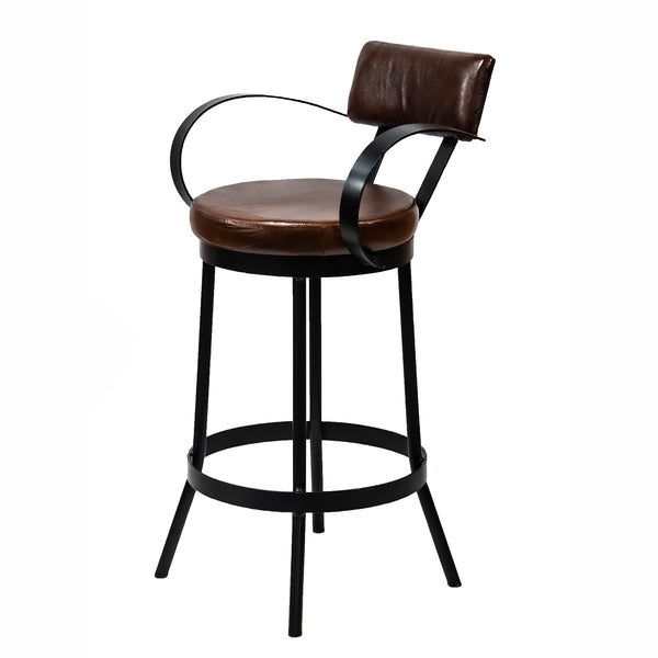 Industrial Padded Leather Bar Stool With Back & Curved Armrests