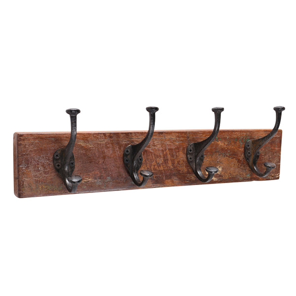 Reclaimed Wooden Coat Rack with 4 Iron Hooks