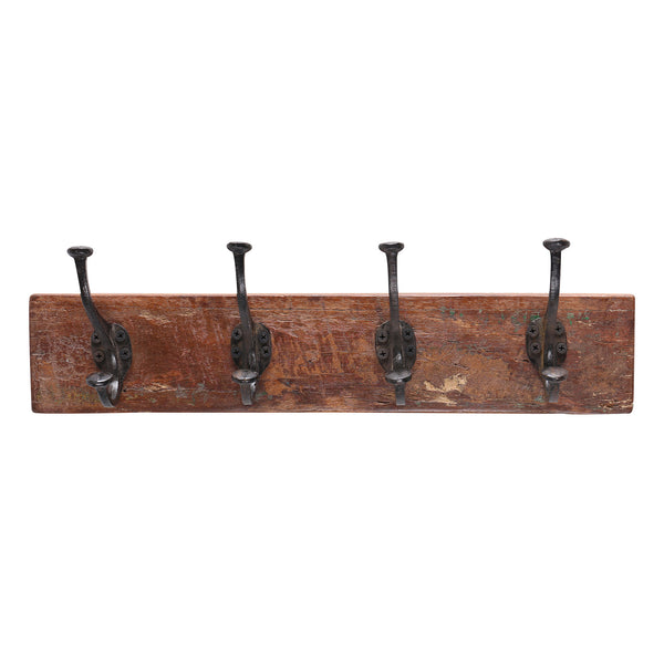 Reclaimed Wooden Coat Rack with 4 Iron Hooks