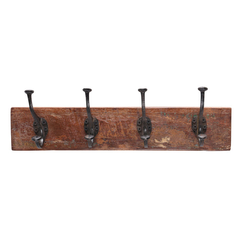 Reclaimed Wooden Coat Rack with 4 Iron Hooks