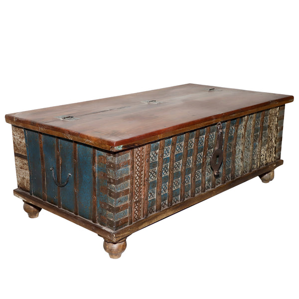 Antique 1.2m Chest with Carvings & Vintage Iron Clasps