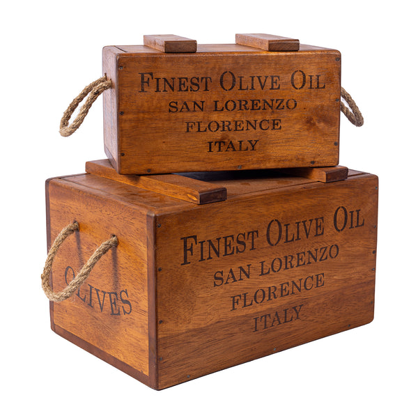 Set of 2 Nesting Rustic Vintage Wooden Lidded Chest Boxes - Olive Oil