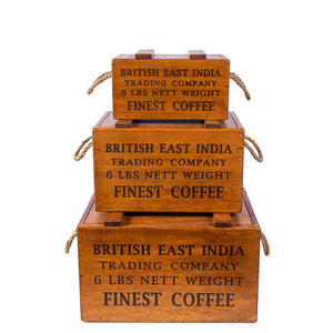 Set of 3 Nesting Rustic Vintage Wooden Lidded Chest Boxes - Coffee
