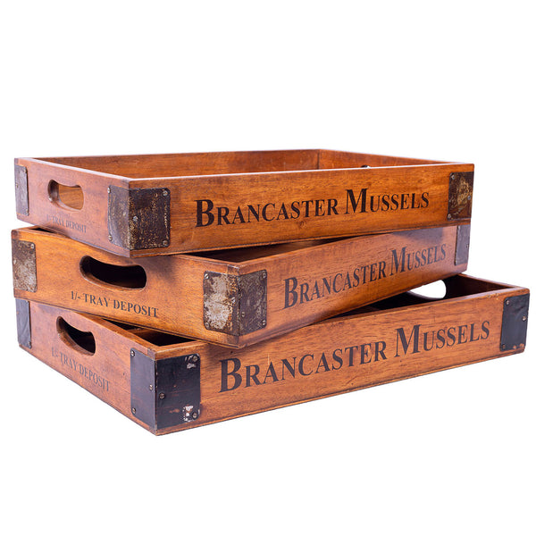 Set of 3 Vintage Nesting Wooden Serving Trays - Brancaster Mussels