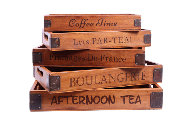 Set of 5 Vintage Wooden Serving Trays - Delicious