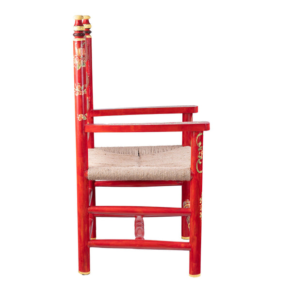 Red Floral Design Wooden Arm Chair