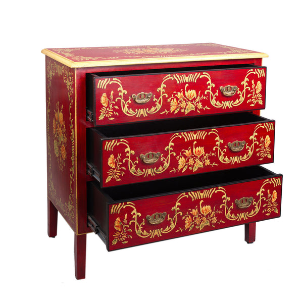 Red Floral Design 3 Drawer Chest