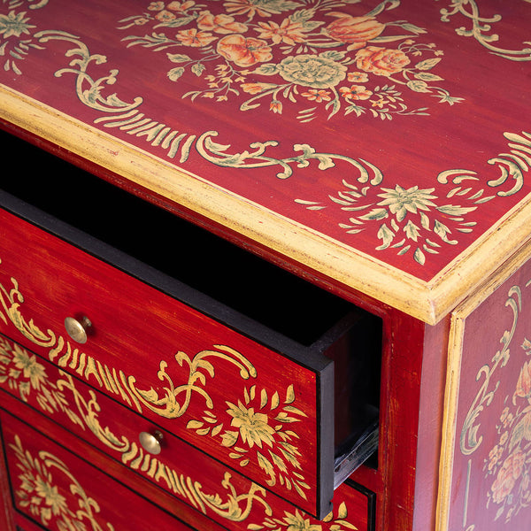 Red Floral Design 5 Drawer Cabinet