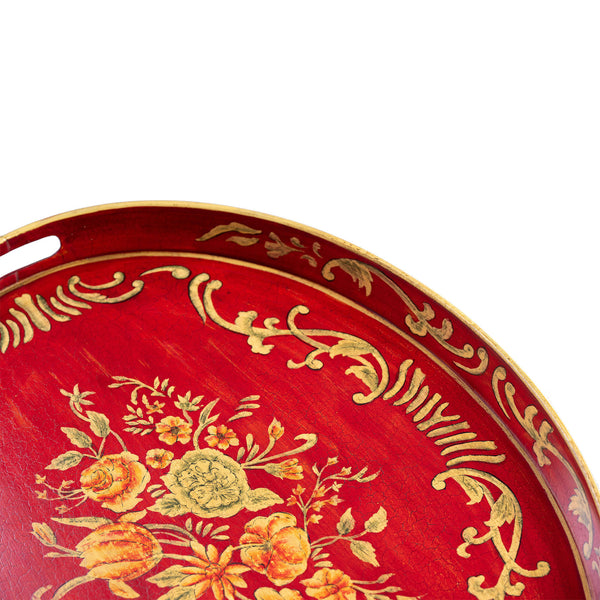 Red Floral Design Oval Tray with Handles