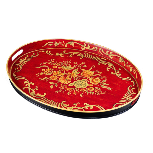 Red Floral Design Oval Tray with Handles