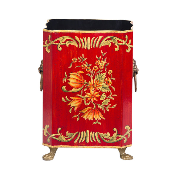 Red Floral Design Bin with Handles and Feet
