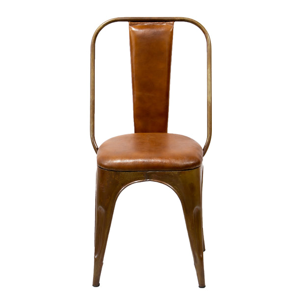 Industrial Metal Chair with Padded Brown Leather Seat