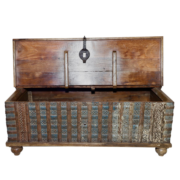 Antique 1.2m Chest with Carvings & Vintage Iron Clasps