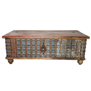 Antique 1.2m Chest with Carvings & Vintage Iron Clasps