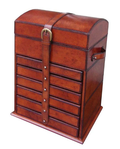 Handcrafted Leather & Brass Tall Jewellery Box - Cognac