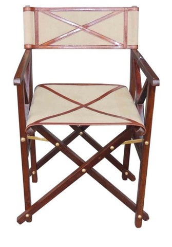 Handcrafted Wooden Canvas Leather & Brass Director Chair - Cognac