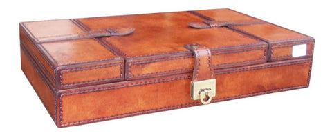 Handcrafted Leather & Brass Rectangular Jewellery Box - Tan