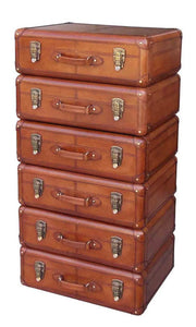 Handcrafted Leather & Brass 6 Drawer Tall Boy - Cognac