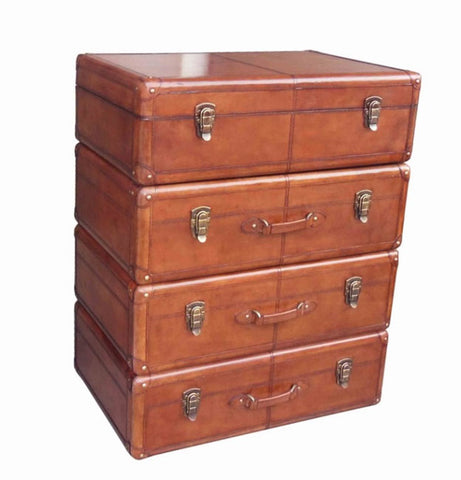 Handcrafted Leather & Brass Dresser with Drawers - Cognac