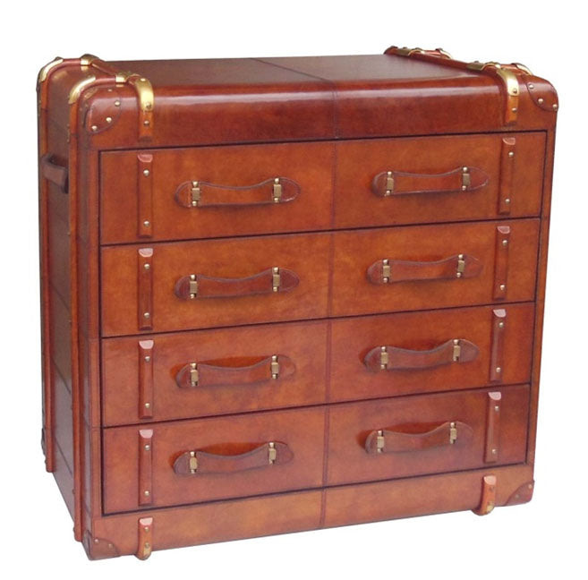 Handcrafted Leather & Brass 4 Drawer Chest - Cognac