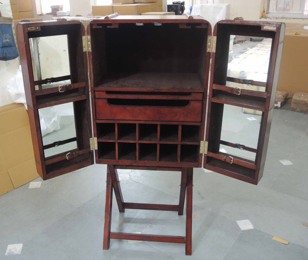 Handcrafted Leather Large Bar Cabinet With Stand - Cognac