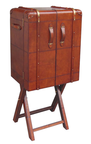 Handcrafted Leather Large Bar Cabinet With Stand - Cognac